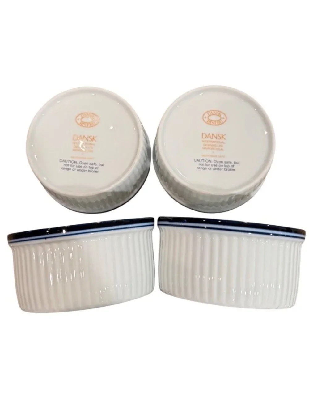 Dansk Bistro Ceramic Bakeware Ramekins White W/ Blue Rim 4-Inch Set Of 4 Baking